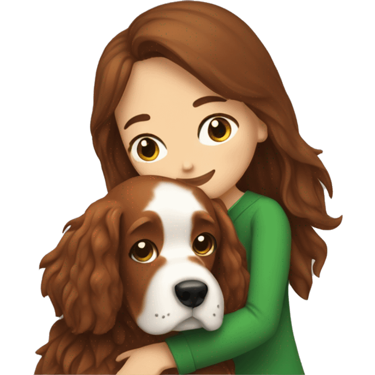 Brunette white girl hugging an irish setter dog emoji