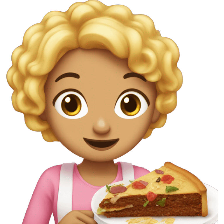 una chica de cabello negro, comiendo una torta de salchicha  emoji