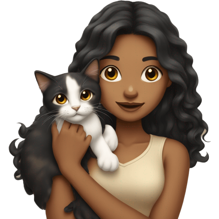 tan girl with long wavy black hair, holding a calico cat emoji