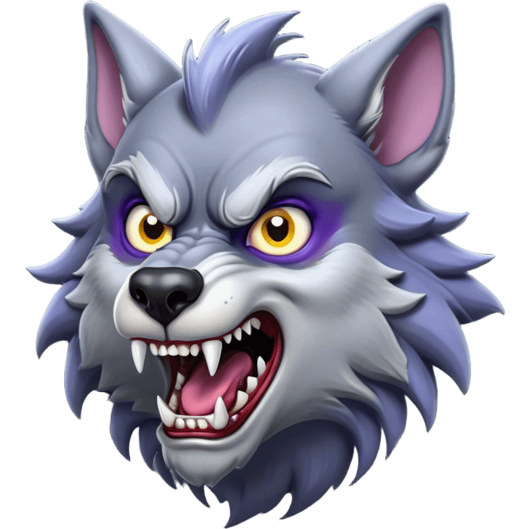 Cinematic Comical Werewolf Portrait Emoji, with a whimsically exaggerated lupine face in vivid moonlit grays and silvers, head cocked in a dramatically shocked expression with comically oversized, wide eyes and a playful snarl, simplified yet hilariously expressive, highly detailed with a soft cartoonish glowing outline capturing the mischievous humor of a werewolf mid-transformation! emoji