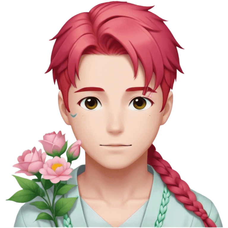 Gorgeous pastel red hair with a thin braid on the side anime style handsome sexy gojo guy with blushing face and flowers aesthetic trending style outside emoji