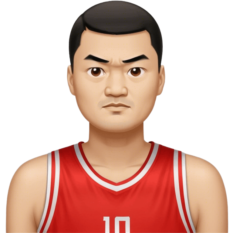 Yao Ming – Cinematic Realistic Portrait of Yao Ming, depicted as a towering basketball icon in a modern uniform, with a gentle yet determined expression and dynamic arena lighting that highlights his immense stature and graceful athleticism. emoji