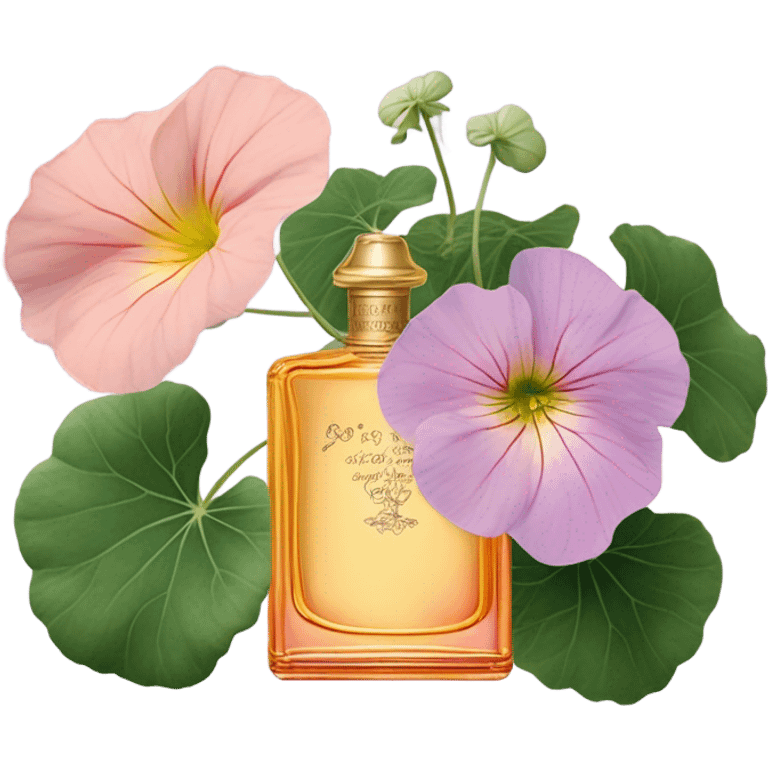 Aesthetic display of blush pink nasturtiums, an elegant violet perfume bottle, a vintage love letter, and a violet satin pouch.
 emoji