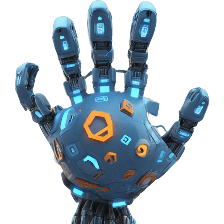 "Earth held by a futuristic robotic hand, glowing with blue and orange digital lines, with a high-tech and futuristic atmosphere." emoji