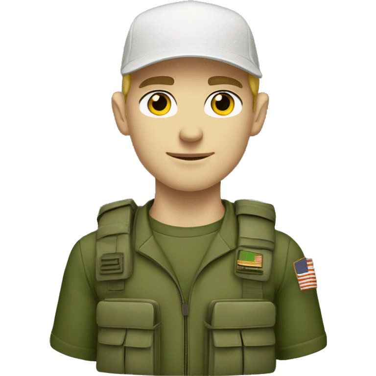 White boy gamer wearing airpods, wearing a military green cap emoji