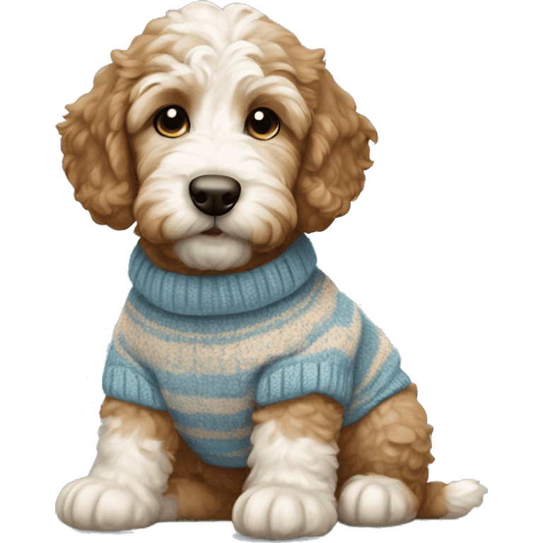 Little brown and white golden doodle puppy wearing a sweater emoji