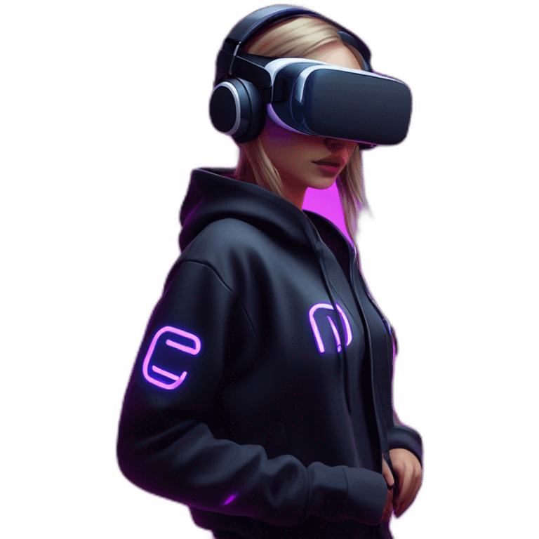 Russian girl wearing a black hoodie with "OMG" letters on it and VR headset in a cyberpunk VR environment with violet neon lighting. emoji