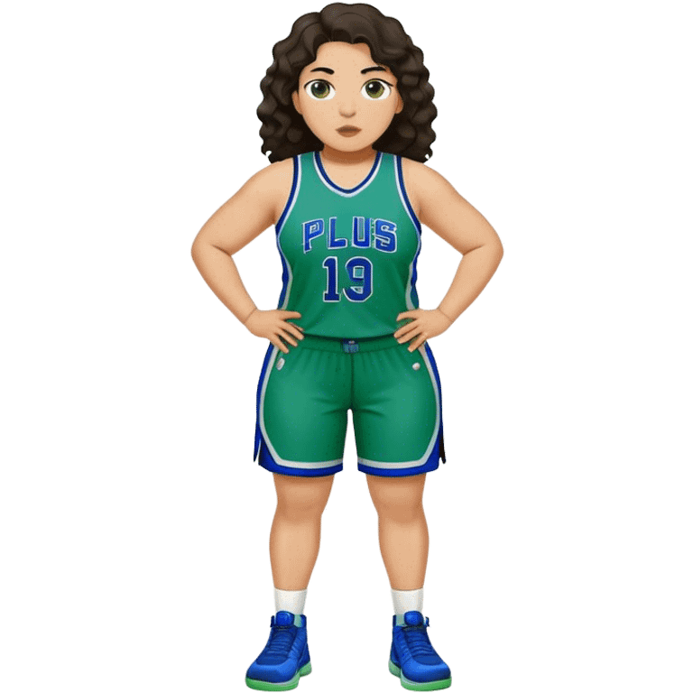 full body plus size light skin latino women basketball player with wavy dark hair large wide nose wearing blue with green uniform emoji