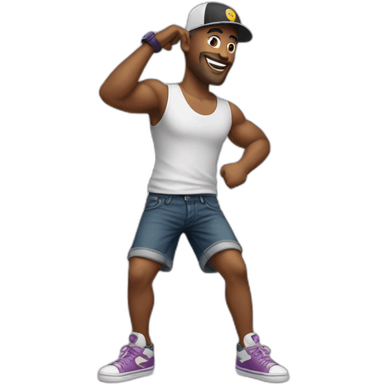 white man, cross earring, cap and short shorts, dancing emoji