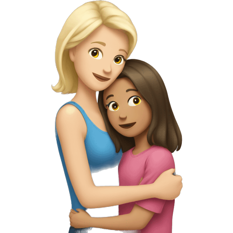 blonde mom and brunette daughter hugging emoji