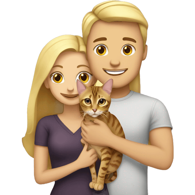 Blonde male and blonde female holding bengal cat emoji