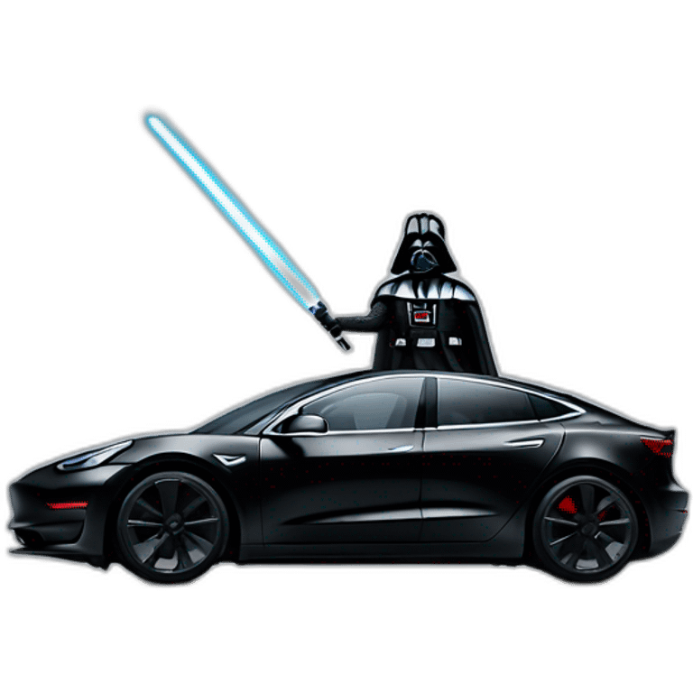 Darth Vader with lightsaber on riding a open top black Tesla Model 3 emoji