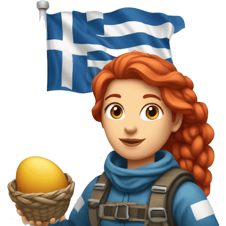 female winter mountaineer red hair holding easter egg and greek flag  emoji