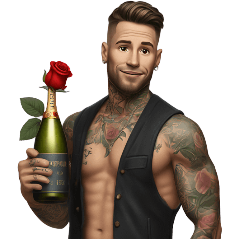 Hyper Realistic handsome tattooed man holding roses and a bottle of champagne  emoji