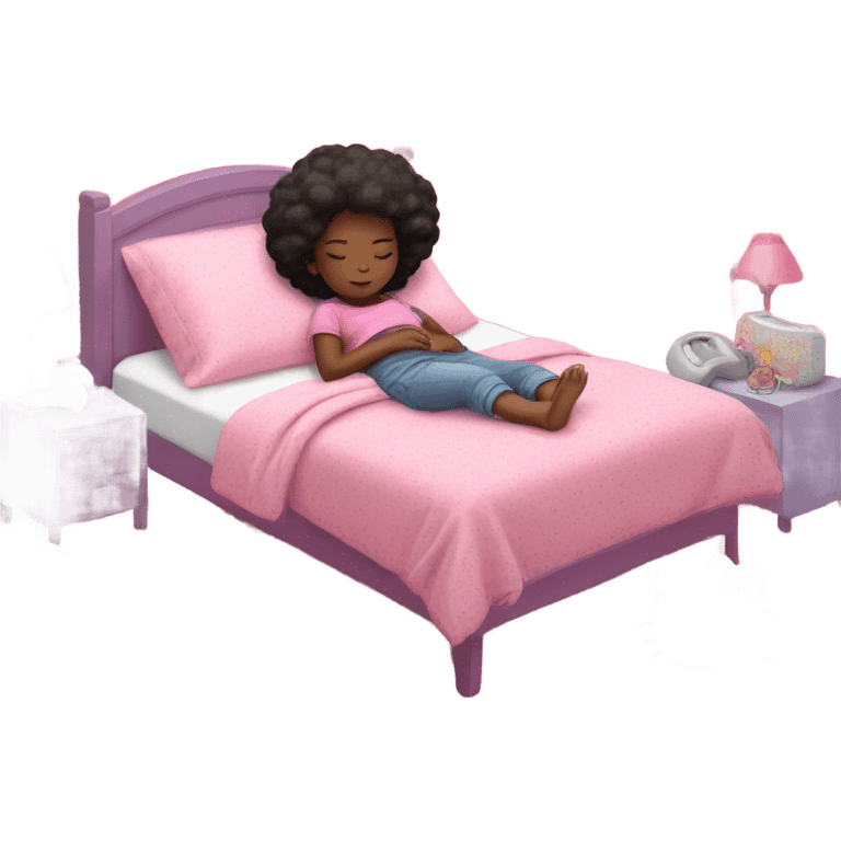 Black girl sleeping in a pink hello kitty bed emoji