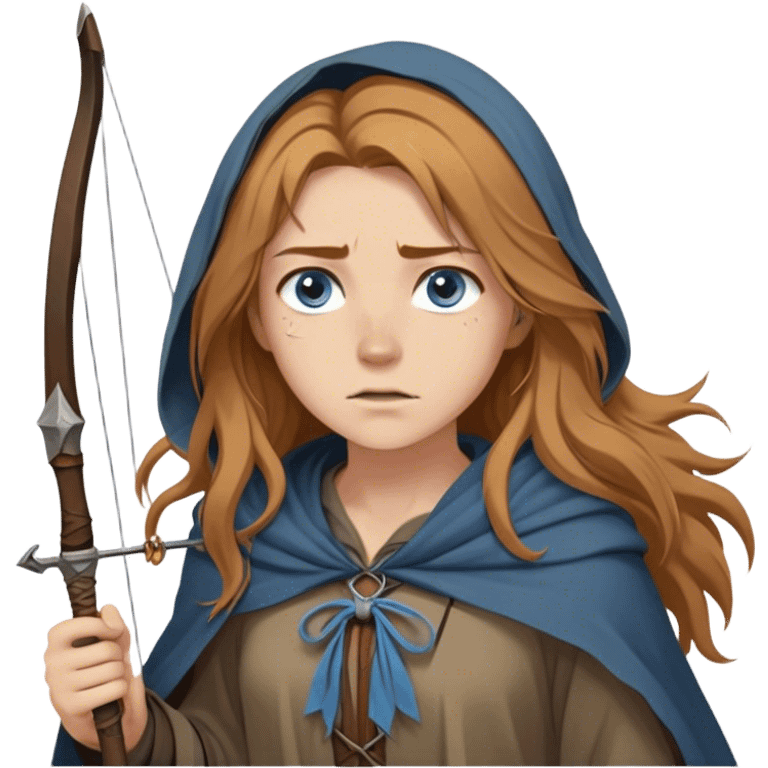 A young human woman with long, unkempt golden-brown hair, piercing blue-gray eyes filled with quiet determination. Dressed in a worn tunic and a tattered cloak, her calloused hands grip a bow, a hunter surviving against the odds. emoji