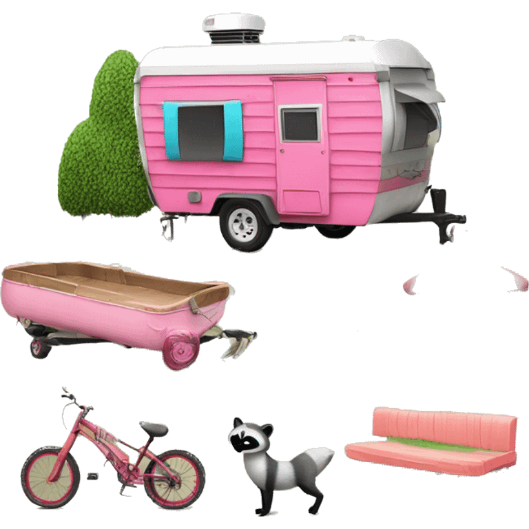 **Create a playful "Trailer Trash" emoji featuring a cartoon mobile home, a lawn flamingo, and a cheeky raccoon. It should have a vibrant color palette and a humorous expression, embodying carefree, rustic living.** emoji