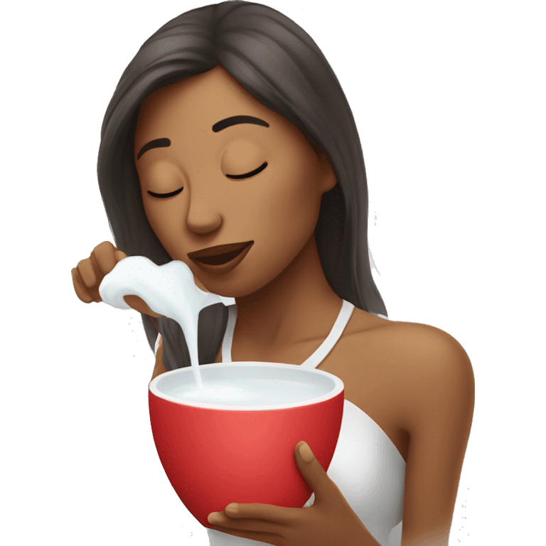 Woman blowing air on hot cup of milk emoji