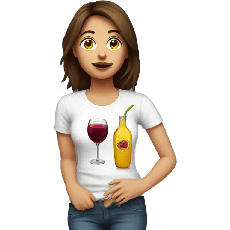 girl in brown hair, white t-shirt with sangria and with hangover on her arm emoji