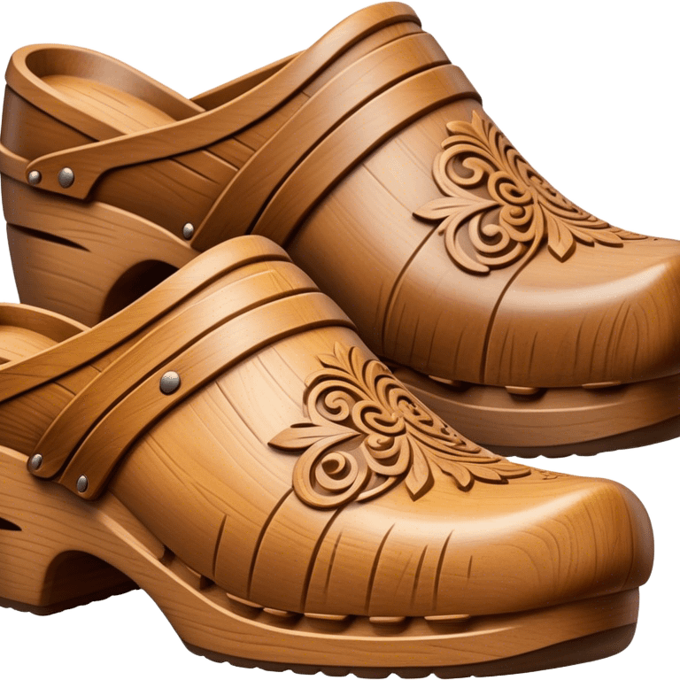 Cinematic Realistic Wooden Clogs Emoji, depicted as a pair of traditionally carved wooden clogs with intricate details and rustic charm. emoji