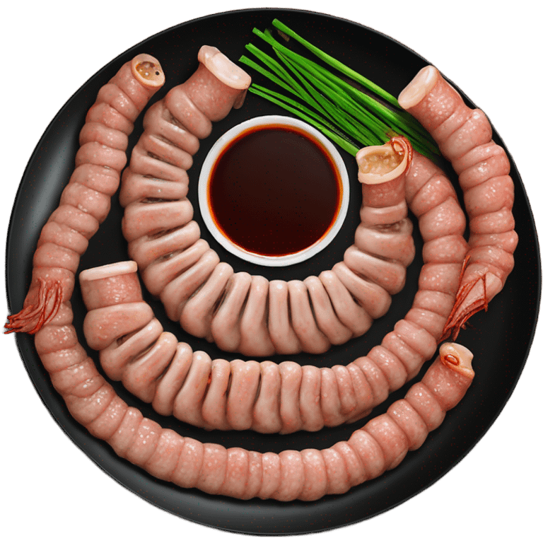 Korean grilled intestines platter with chives, garlic, and spicy sauce, served on a black plate emoji