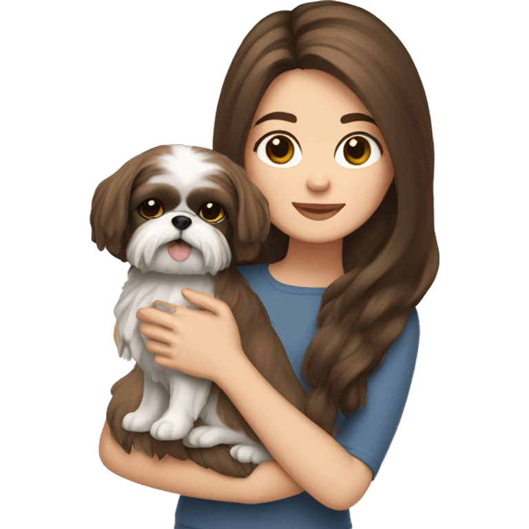 Young brunette hair woman with a shih tzu in her arms long hair emoji