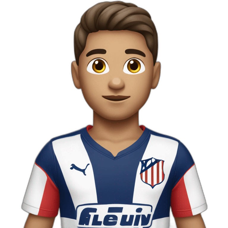 Niño piel blanca de 6 años, pelo marrón liso y corto, ojos marrones  con camiseta del Atlético de Madrid emoji