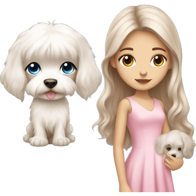 Brown long hair blue eyes girl with maltese puppy with pink dress emoji