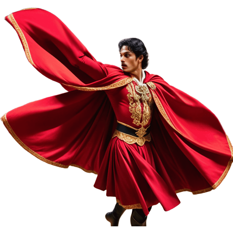 ​Cinematic Realistic Spanish Matador Holding a Red Cape, depicted in mid-action with a vibrant red cape flowing in the wind, dressed in an ornate traje de luces with shimmering details, confronting a charging bull in a dramatic arena, rendered with dynamic motion blur and vivid, high-contrast lighting, emoji