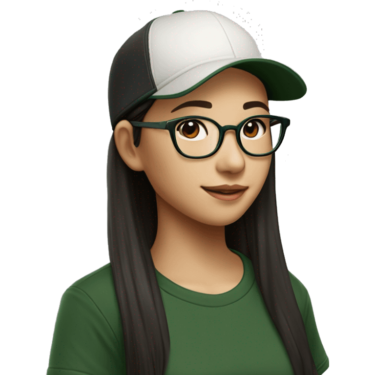 Hyper realistic, look from side, asian girl, light white skin, smiling with teeth, black eyes, spotted frame glasses, long brown straight hair with highlighted strands, black T-shirt, dark green cap. emoji