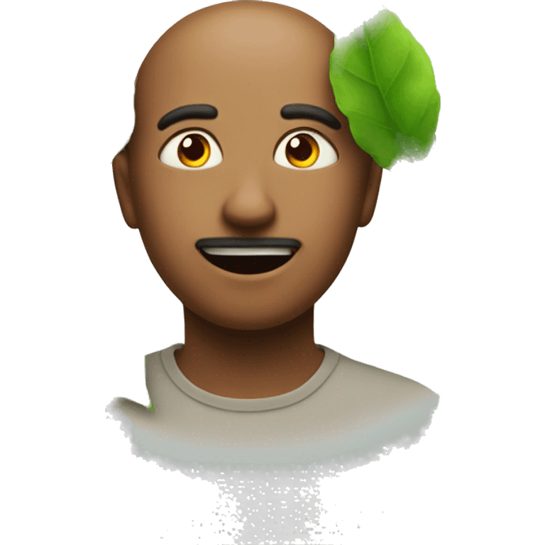 A relaxed emoji face with reddish eyes. And with small dust clouds and green leafs around him emoji