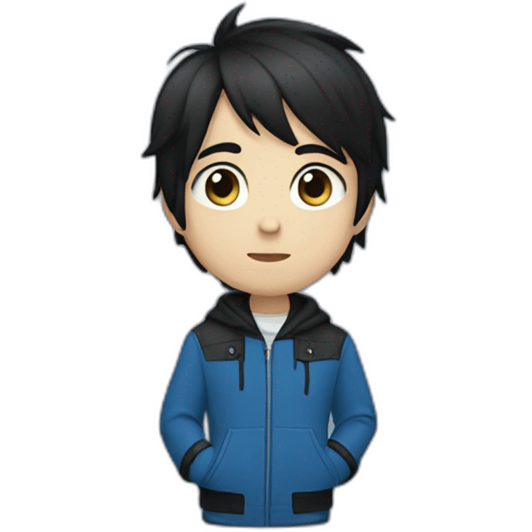 a boy who has an emo haircut that is directed to the left, he has straight black hair.  He has a blue jacket and blue eyes. emoji