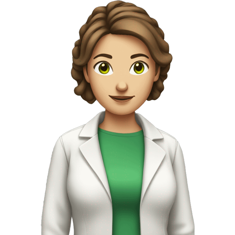 Female scientist with brown hair in a bun and green eyes without glasses emoji