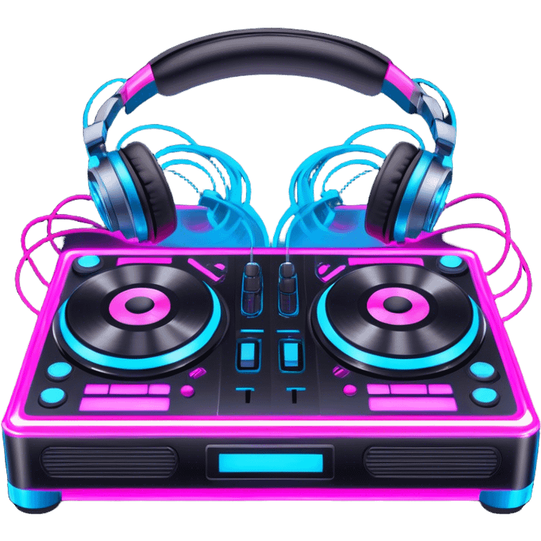 Create a dynamic and modern emoji that represents electronic music and DJing. The design should feature a DJ controller with two vinyl turntables, DJ headphones, and glowing sound waves or a waveform to symbolize the energy of mixing and electronic beats. Use vibrant neon colors like electric blue, neon pink, or green to represent the futuristic and pulsating nature of electronic music. Add subtle details of flashing lights or abstract patterns to evoke the nightclub or festival atmosphere. The background should be transparent. emoji