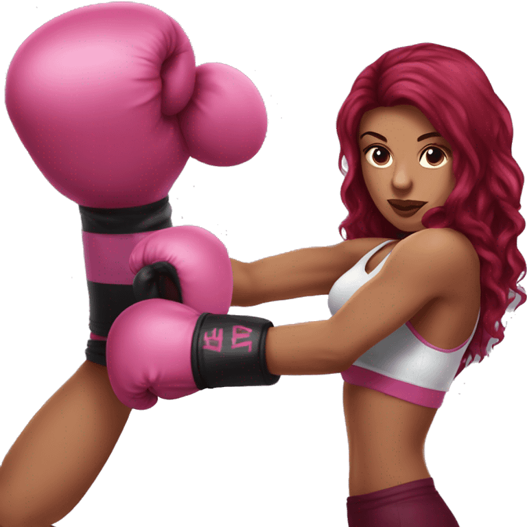 Beautiful tattooed  burgundy long haired woman boxing with pink gloves emoji