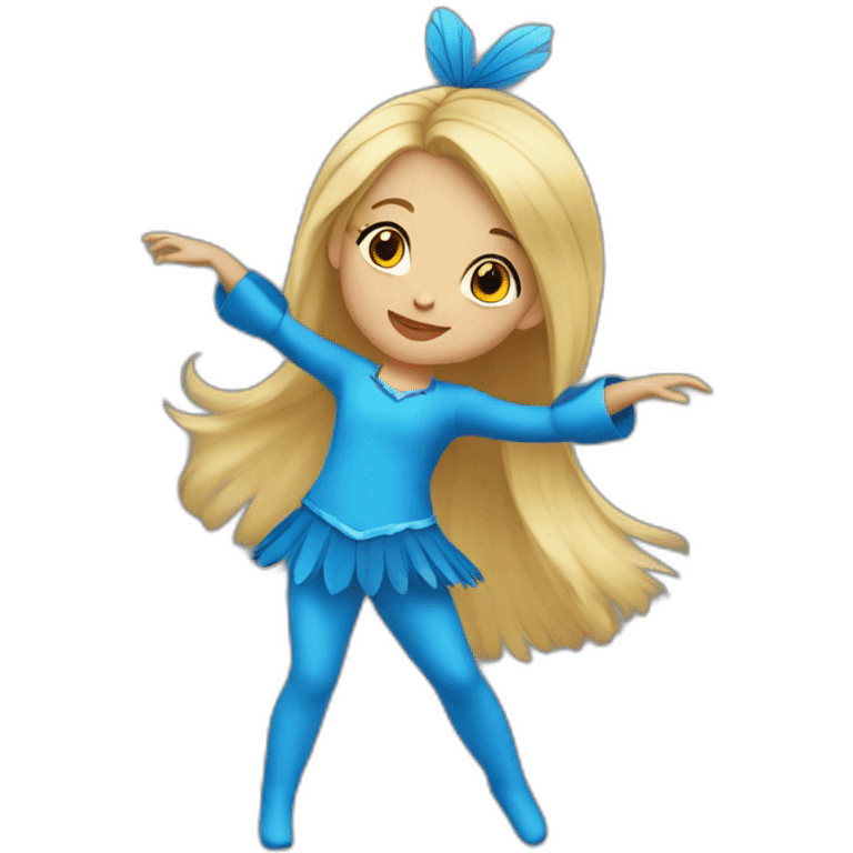 little blonde girl dancing in a blue bird costume emoji