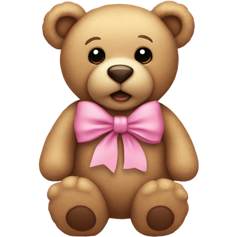 Beige teddy bear with innocent eyes wearing a pink bow on its right ear emoji