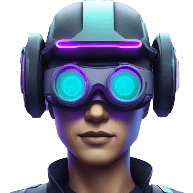 Secret human agent in a futuristic hat with in Apple VR goggles headset code display on the goggles , cyberpunk, cyan and purple colors, only upper body portrait, front facing the camera  emoji