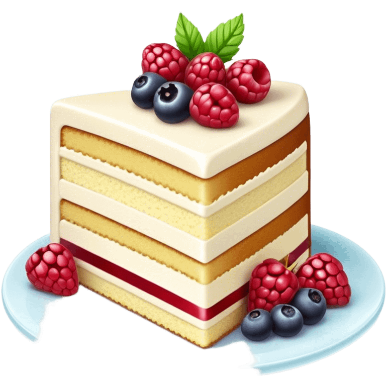 Cinematic luxurious slice of cake, delicate layers of moist sponge and rich frosting, beautifully decorated with fresh berries and a glossy glaze, soft glowing light, elegant and indulgent. emoji