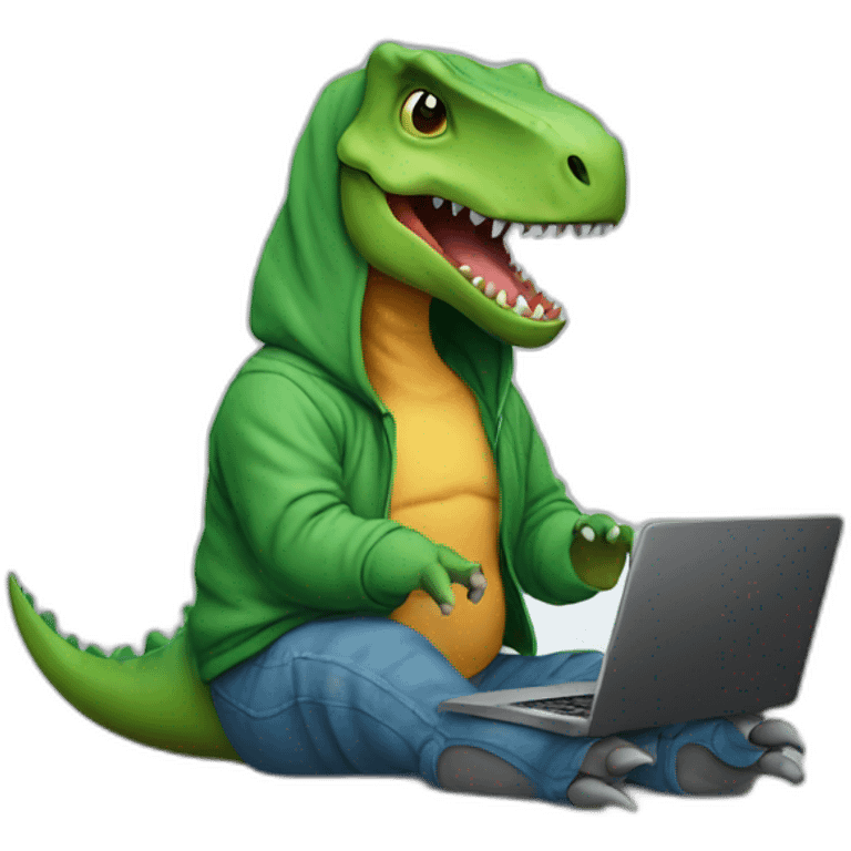 dinosaur working on a laptop with a hoodie emoji