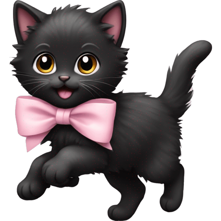 fluffy black kitten running with pale pink bow emoji