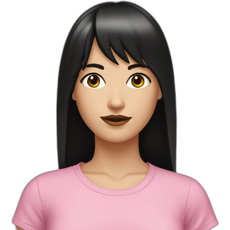 white woman tall black hair black eyes bangs pink t-shirt emoji