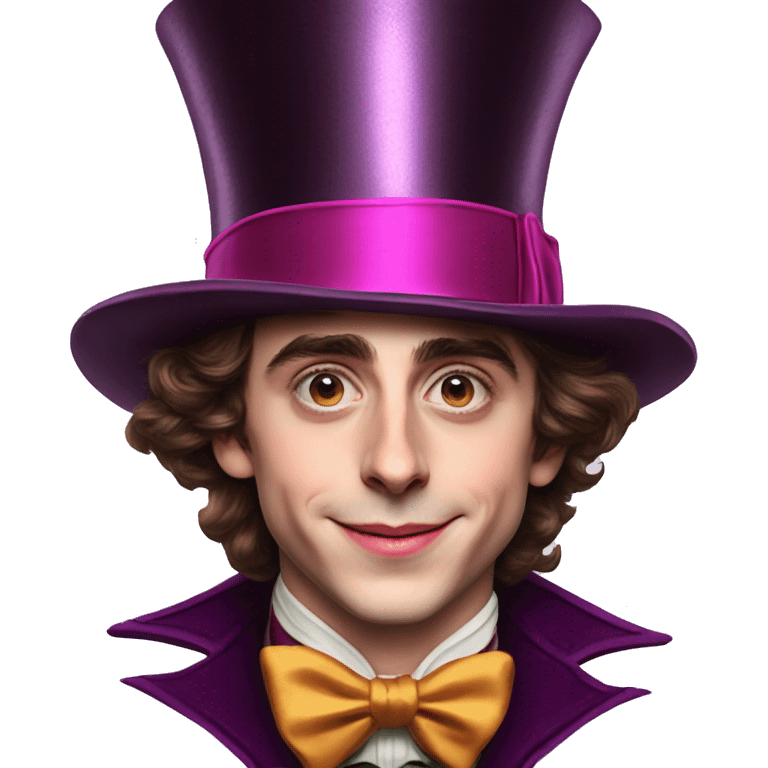 Timothée Chalamet as Willy Wonka, high cheek bones, large face, hat emoji