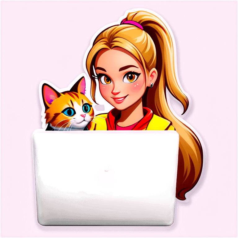 Blonde girl ponytail macBook and a cat emoji