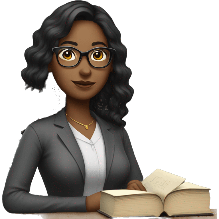 Woman teacher black long hair black glasses with book emoji