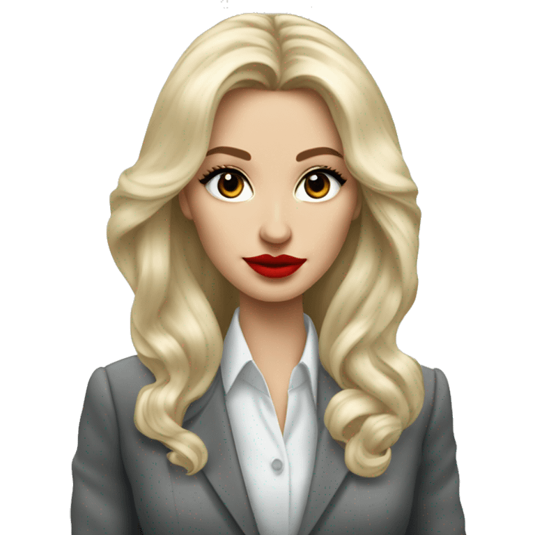 Russian Blonde long hair with red lips small nose and black eyes Tiffany diamond seller in a grey suit emoji