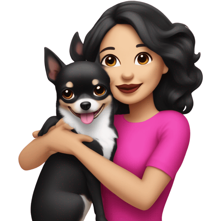 Thick medium black hair and hot pink lips and pink cheek smiling mature Filipino lady hugging black and white Chihuahua  emoji