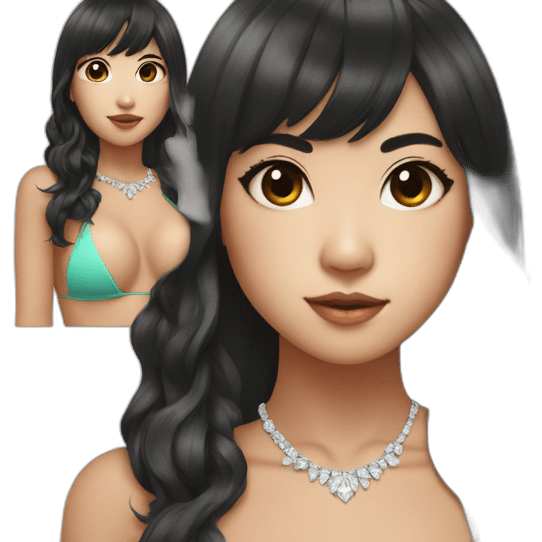 Asian girl with bangs and black long hair and wearing bikini made with diamonds emoji