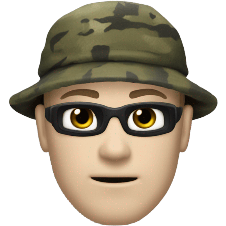 white male, pale skin, call of duty black face mask, camo tactical gear, combat boots, black beanie, hazel eyes emoji