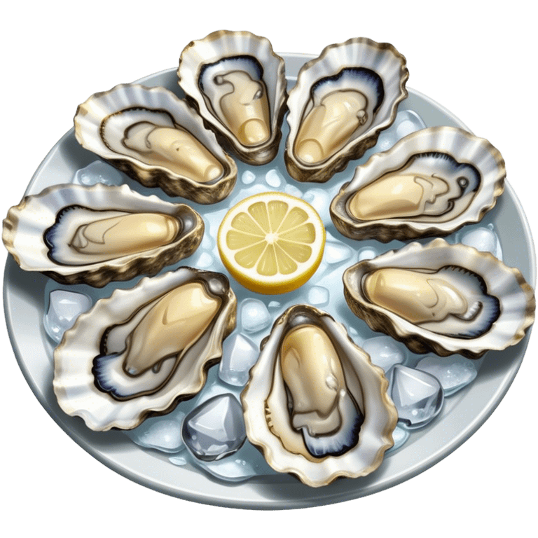 Cinematic fresh oysters on the half-shell, glistening with seawater, served with lemon wedges and ice, soft glowing highlights, elegant and luxurious. emoji